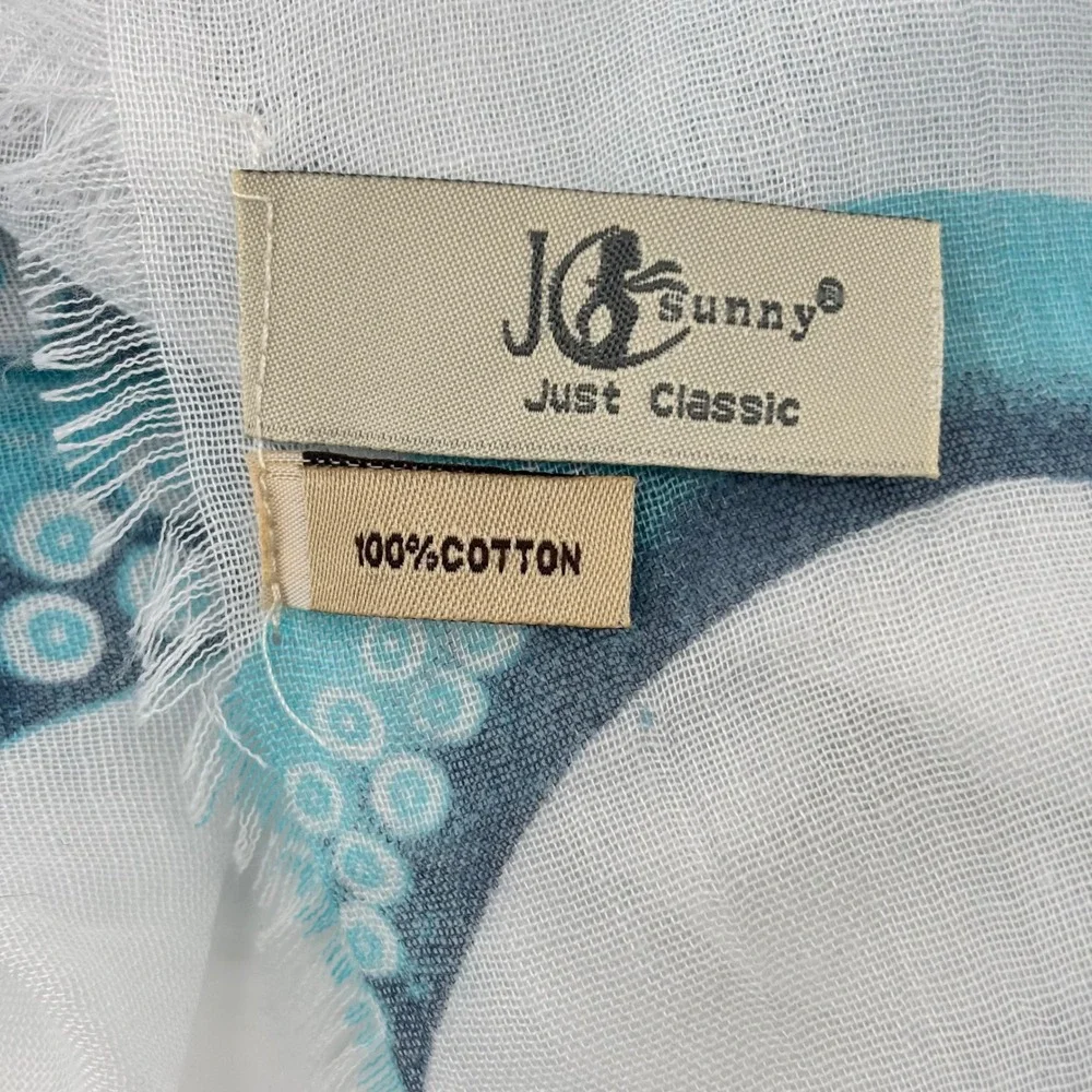 JC Sunny Just Classic Blue Octopus Print 100% Cotton Scarf Frayed Edge 28x70 - Picture 4 of 7